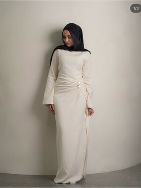 Elegant Cream Ruched Maxi Dress with Gold Butterfly Buckle Detail